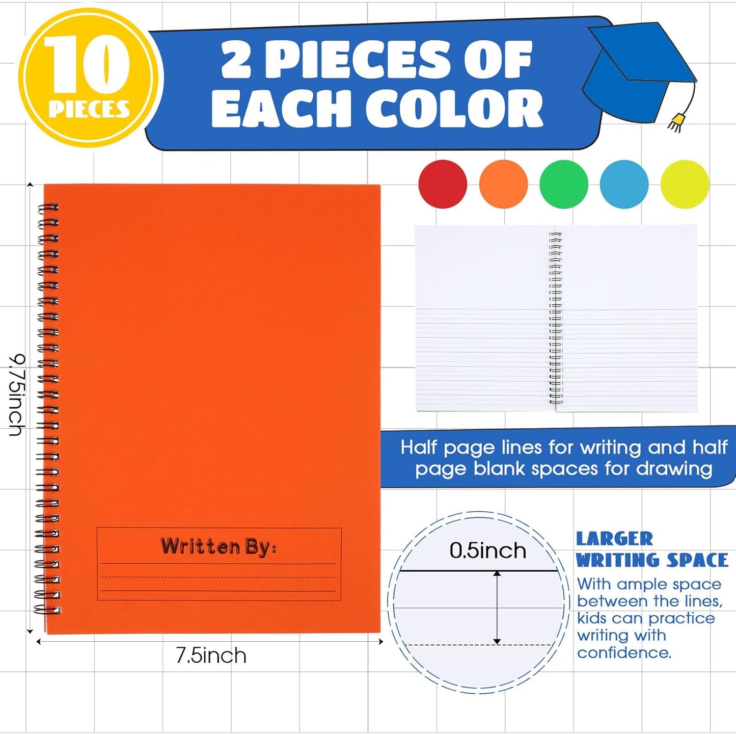 Henoyso 10 Pcs 100/50 Sheets Primary Composition Notebook K-2 Bulk Spiral Primary Journal Drawing Handwriting Practice for Kids Kindergarten 1st 2nd Back to School Supplies (Bright Color,50 Sheets)