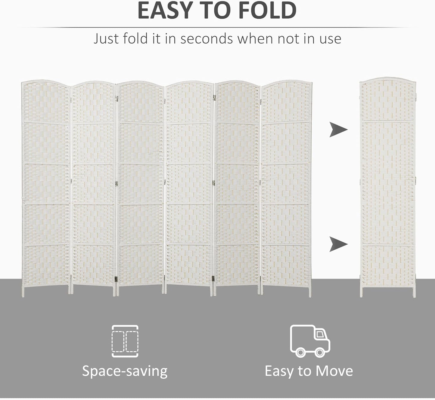 HOMCOM Room Divider, 6 Panel Folding Privacy Screen, 6FT Tall Portable Wicker Weave Partition Wall Divider for Bedroom, Home Office, White