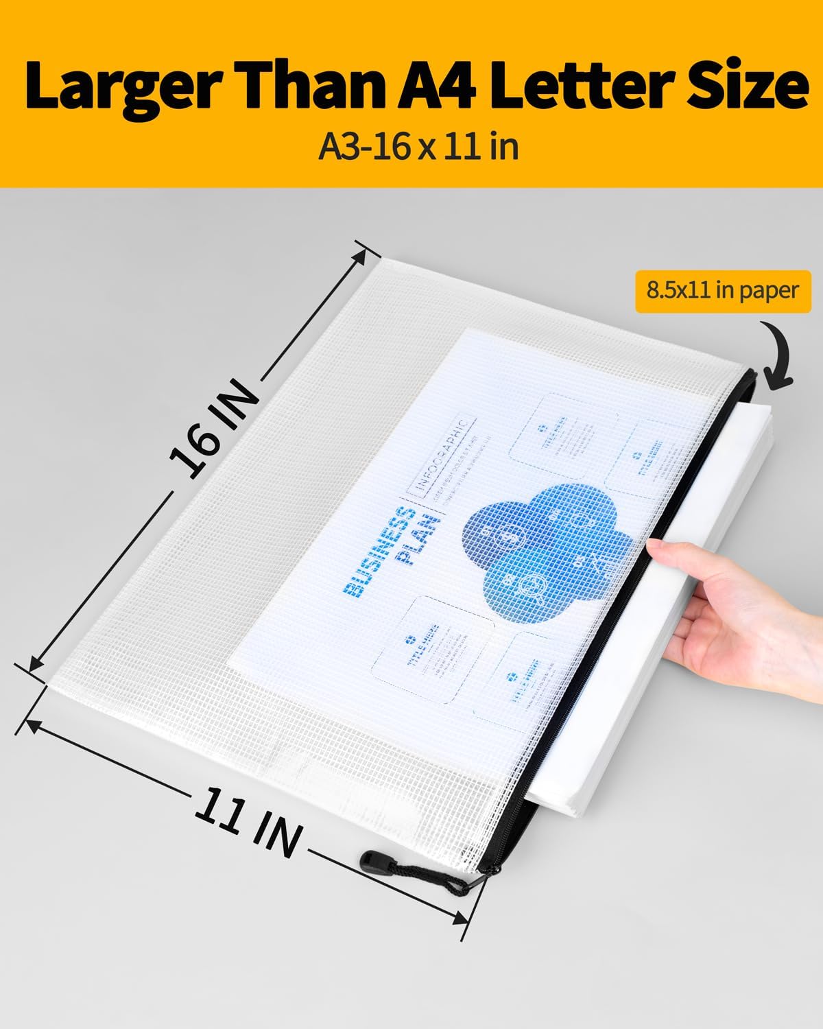 SUNEE 18pcs Plastic Mesh Zipper Pouch, A3, Extra Large, 16x11 in, Water-Resistant Zip Bag for School Office Supplies, Puzzles & Games Organizing Storage (Black, 18 Pack)