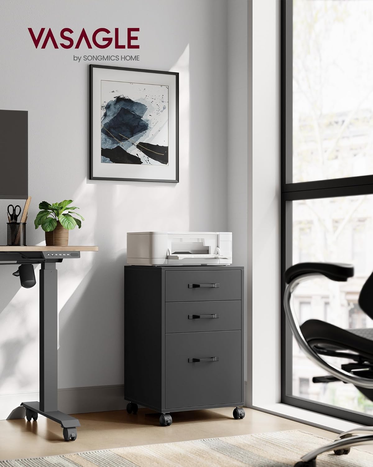 VASAGLE File Cabinet, 3 Drawers Filing Cabinet for Home Office, with Wheels, for A4, Letter Sized Documents, Hanging File Folders, Ink Black UOFC065B16
