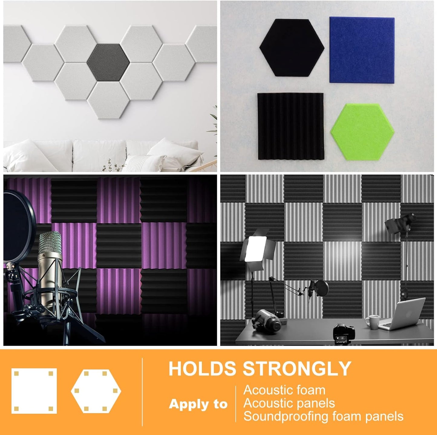 Sonicism 120 Pack Pyramid Double Sided Tape Squares for Acoustic Foam Sheets, Heavy Duty Wall Mounting Tape Squares for Polyester Foam Acoustic Panels, 1.4-in Squares, Transparent