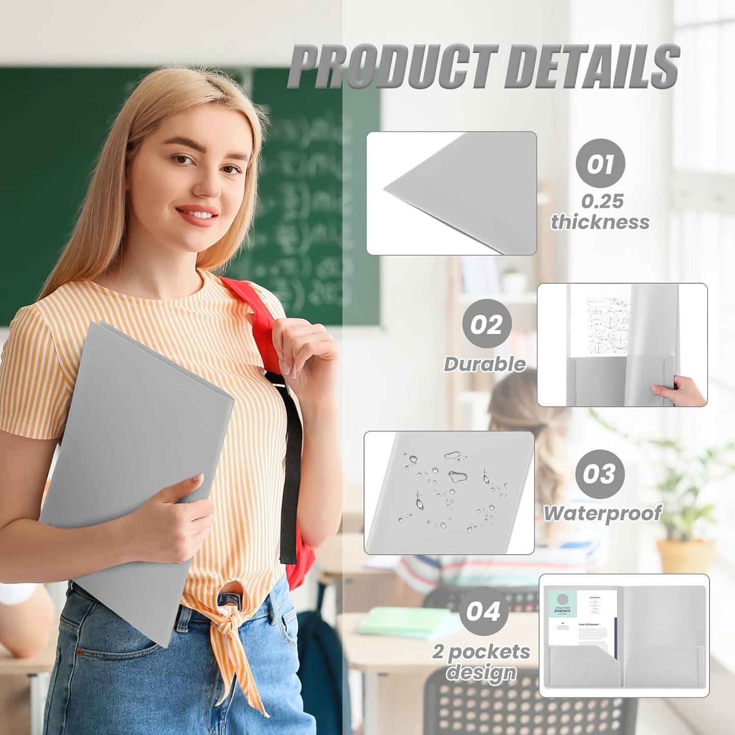 Gueevin 150 Pcs Plastic Folders with Pockets, Two Pocket Folder Fit 8.5 x 11 Inch Letter Size Paper, Heavy Duty School Folders Business Card Holder for Home Office School Bussiness (Light Gray)