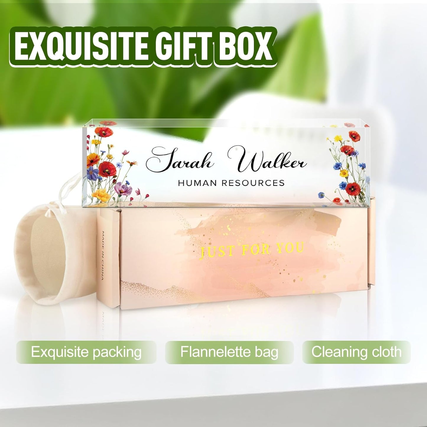 Name Plate for Desk, Desk Name Plate Personalized, Flowers Office Decor for Women Men, Acrylic Desktop Accessories, Office Gifts for Boss Nurse Teacher Coworker, Employee Appreciation Gift (Pink/Blue)