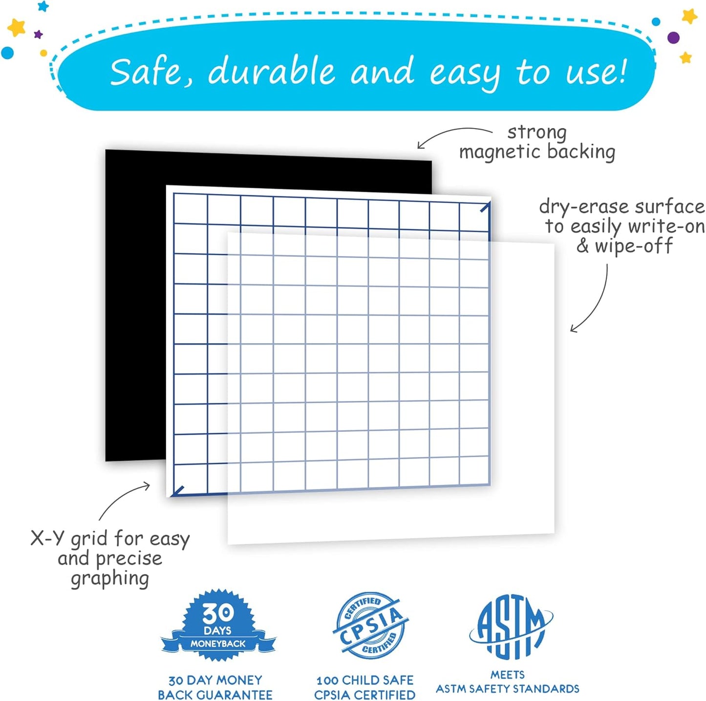 Jumbo Magnetic XY Coordinate Dry Erase Grid, 30"x30" - Write-On & Wipe-Off Magnetic Dry Erase Board Grid, Reusable Dry Erase Graph & Practice Board for Math Graphing, Classroom & Homeschool Supplies