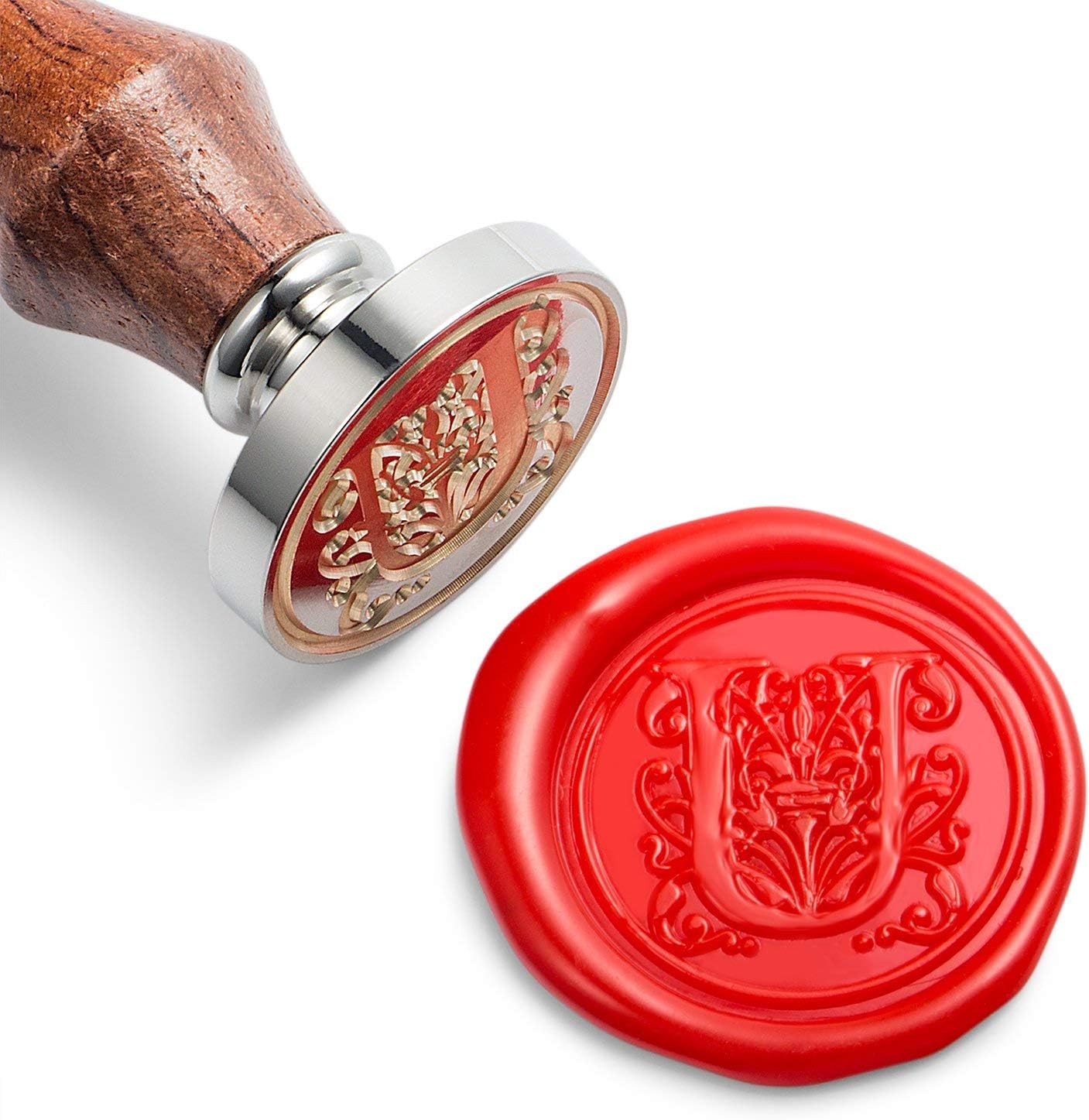 Mceal Wax Seal Stamp, Large Seal 1 1/5"(30mm) Dia, Silver Brass Head with Wooden Handle, Regal Letter A to Z Series (Letter U)