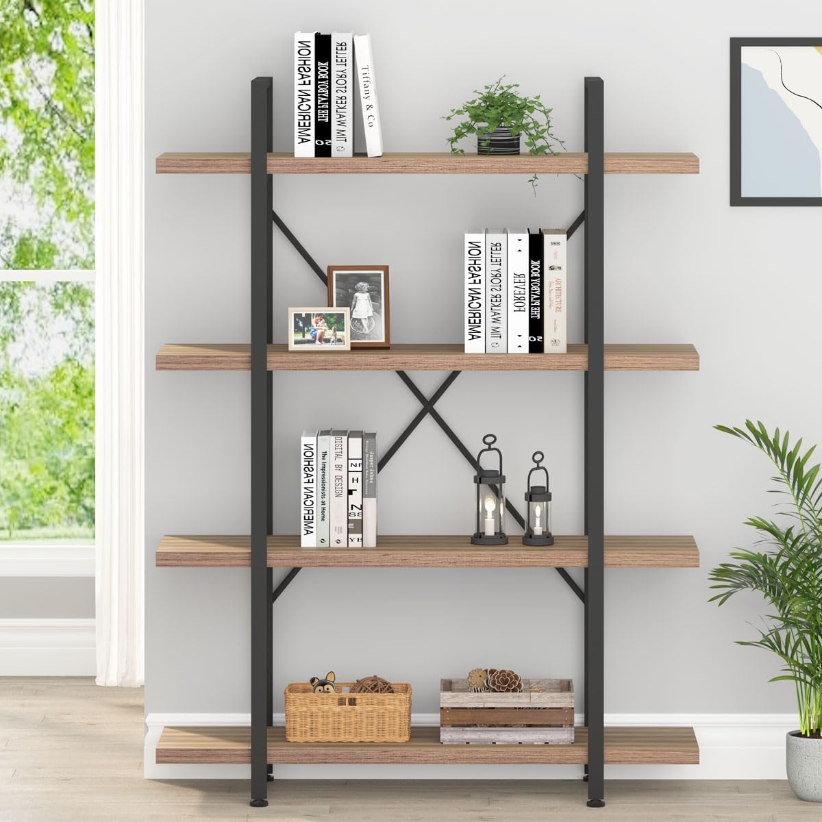 HSH Industrial 4 Tier Bookshelf, Modern Metal and Wood 4 Shelf Bookcase Etagere, Farmhouse Open Wide Display Storage Bookshelves and Bookcases Heavy Duty for Bedroom Living Room Office, Rustic Oak