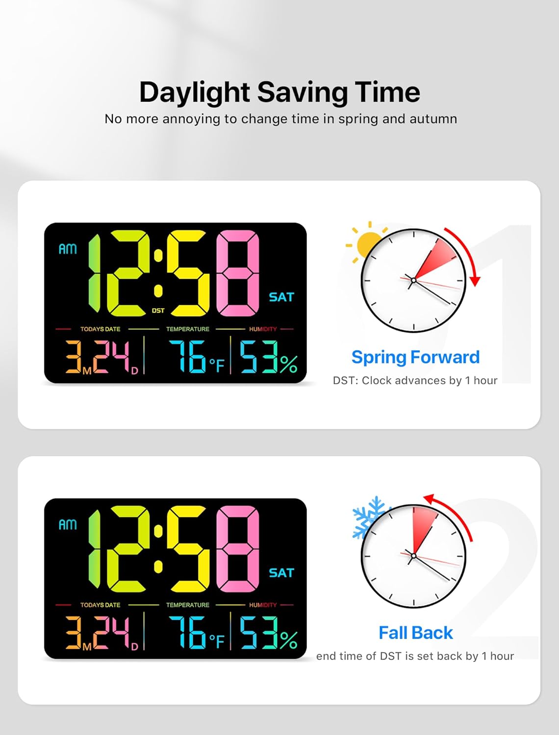 MASHI Digital Clock, 13" Large Display Digital Wall Clock, Adjustable Brightness Calendar Clock with Day and Date,DST,Alarms,Humidity,Temperature for Desk,Wall Mounted (Black Case Color Light)