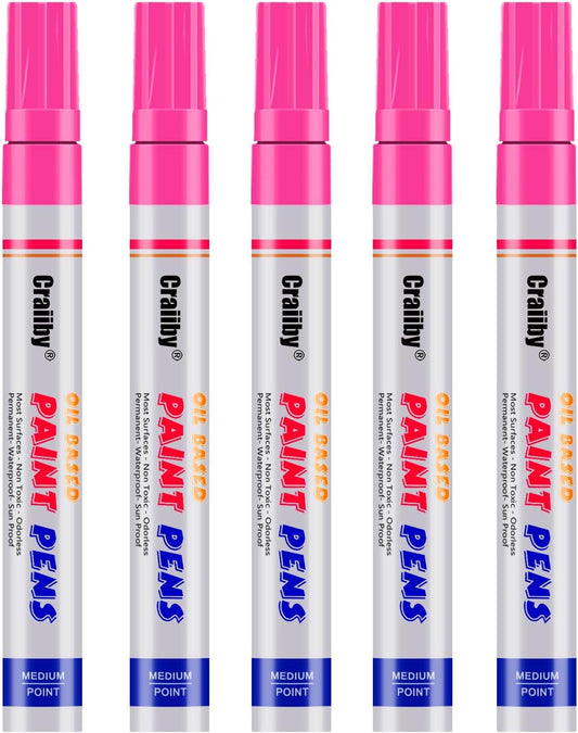 Pink Paint Markers, 5 Pack Oil-Based Waterproof Quick Dry Permanent Paint Pen Set for Rocks Painting, Wood, Fabric, Plastic, Canvas, Glass, Mugs, Metal, Tire, Stone, DIY Craft