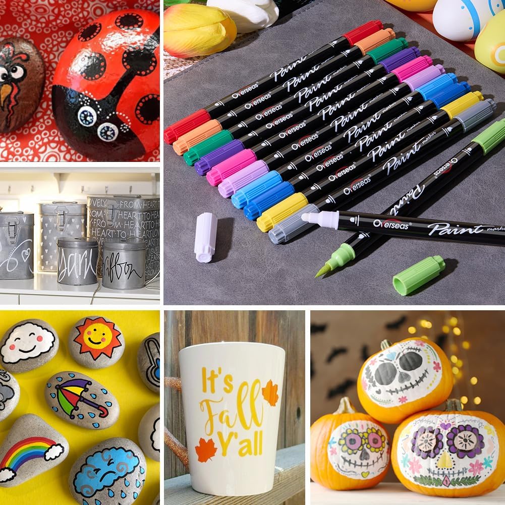 Overseas Green Acrylic Paint Markers, 6 Pack Dual Tip Paint Pens Acrylic Markers - Dot and Brush Tip Coloring Marker for Wood, Rock, Canvas, Glass, Metal, Plastic, Rubber, Fabric, School Supplies