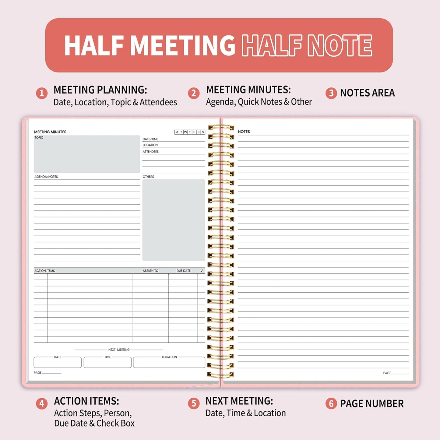 SUNEE Half Meeting Half Note - 7.5"x10" Professional Notebooks for Work - 160 Pages, B5 Size Project Planner, Spiral Meeting Agenda/Minutes Organizer for Women Men, Note Taking, Office & Business