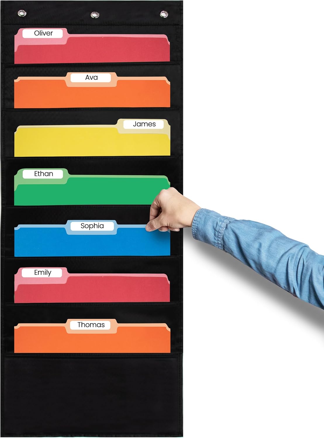 Essex Wares - 7 Pocket File Pocket Chart, Black, Tall - Versatile Wall Hanging File Folder Organizer for Classroom, Office, Home, and More - Wall Folder Organizer - 7 Pockets