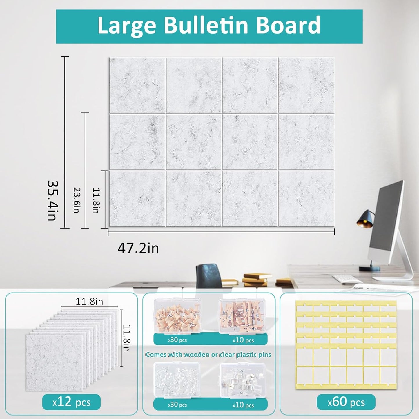 Large Cork Board for Walls 48" x 36" - 12 Pack Felt Wall Tiles with Safe Removable Adhesive Tabs - Bulletin Board for Office Classroom Home Decor - Marble White