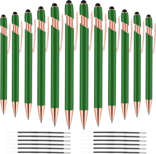 12 PCS 2 in 1 Stylus Ballpoint Pen with Stylus Tip, 1.0 mm Black Ink Metal Pen Stylus Pen for Touch Screens (Light Green)