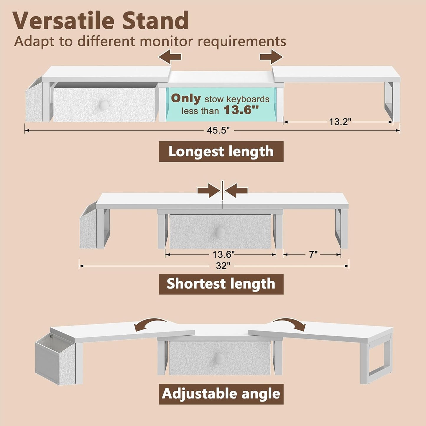 LAND·VOI Heavy Duty Dual Monitor Stand, Holds 2 Screens Up to 27 Inches, Adjustable Length and Angle Monitor Riser, Desk Organizer with Side Pockets and Drawers, Home Office Desk Storage, White
