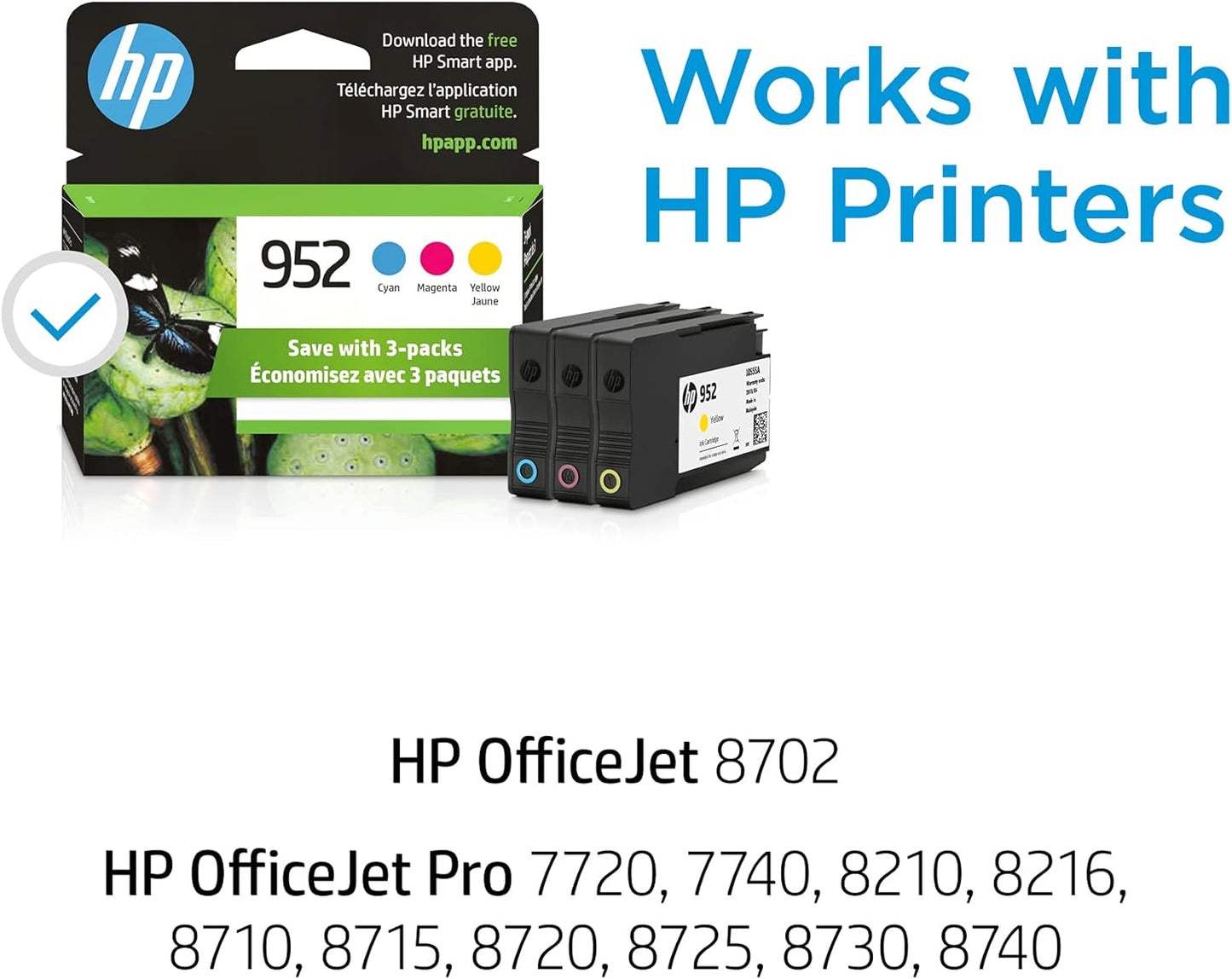 HP 952 Cyan, Magenta, Yellow Ink Cartridges (3-pack) | Works with Printer Series: OfficeJet 8702, HP OfficeJet Pro 7720, 7740, 8210, 8710, 8720, 8730, 8740 | Eligible for Instant Ink | N9K27AN