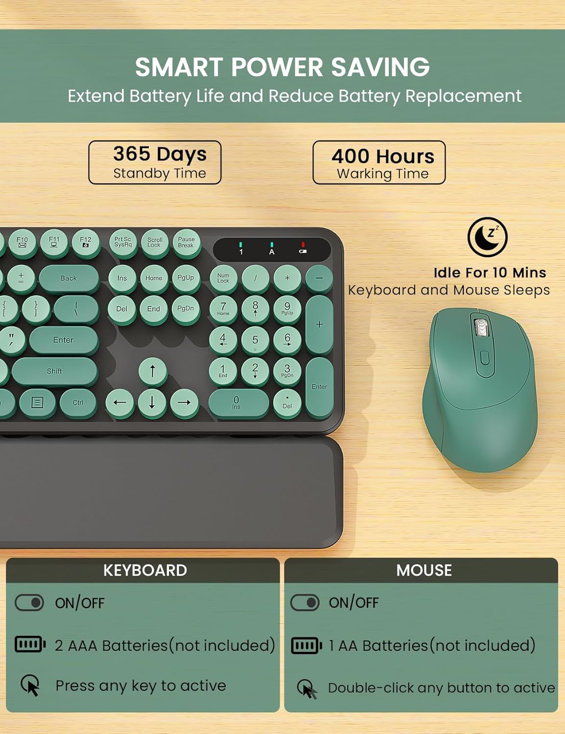 Wireless Keyboard and Mouse Combo - Cute Typewriter Keyboard with Detachable Wrist Rest, Retro Round Keycaps, Foldable Legs, 2.4GHz Keyboards for PC Laptop, Mac, Windows - Trueque (Black and Green)