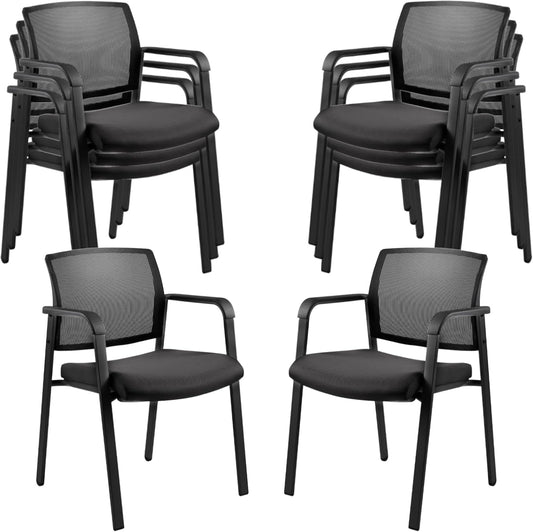 CLATINA Mesh Back Stacking Arm Chairs with Upholstered Fabric Seat and Ergonomic Lumbar Support for Office School Church Guest Reception Black 8 Pack Set New Version