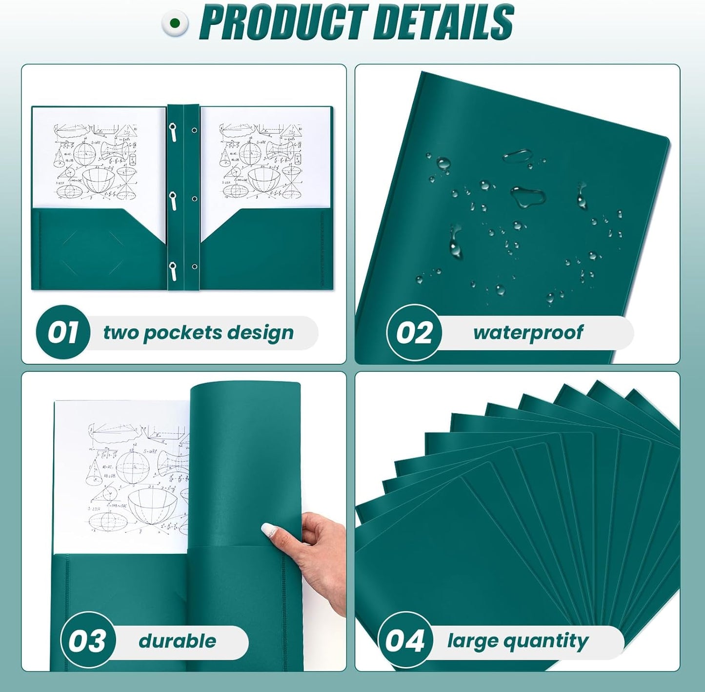 Lincia 100 Pcs Plastic Folders with Pockets and Prong Folders with Prongs 2 Pockets for Office, School for Students, Teachers, Office Workers(Dark Green)