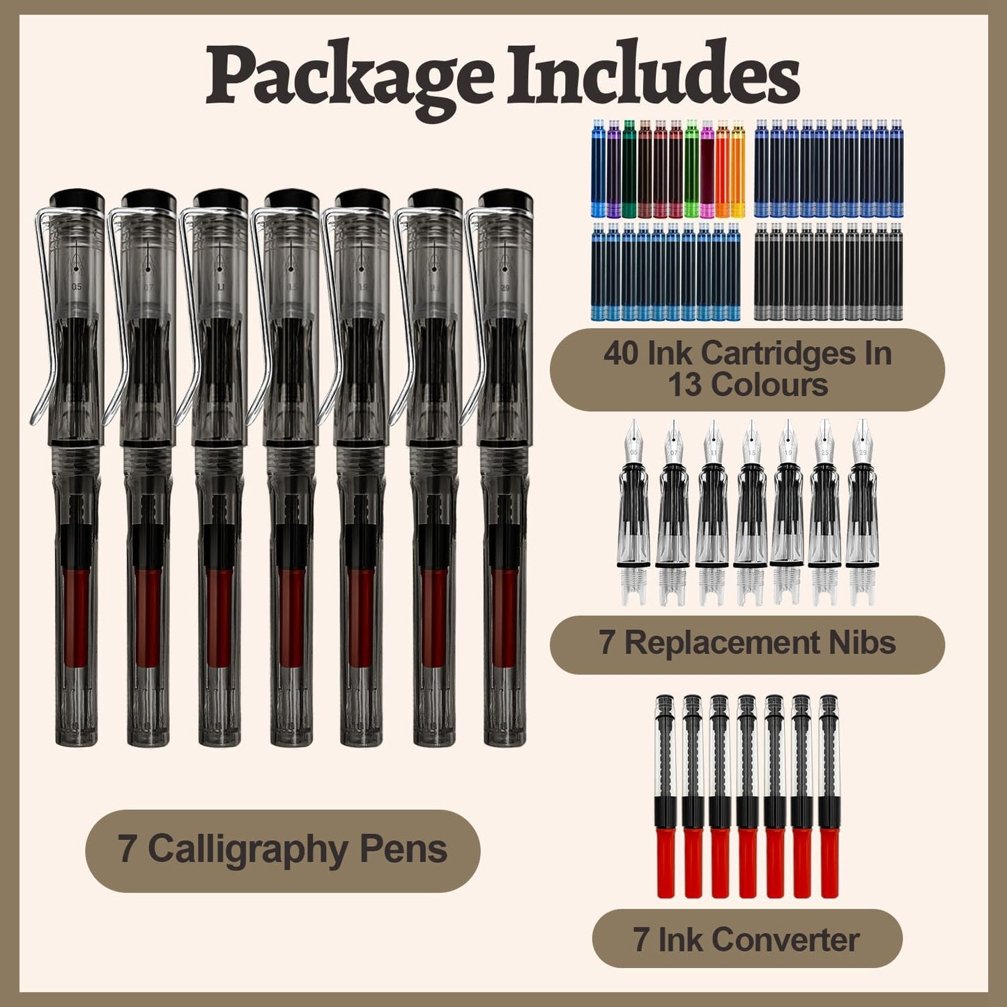 Calligraphy Set, 7 Pcs Fountain Pen with Different Replaceable Nib and 40 Replaceable Ink Cartridge in 11 Color for Beginner Writing and Drawing Calligraphy Kit for Greeting Card Signature Calligraphy