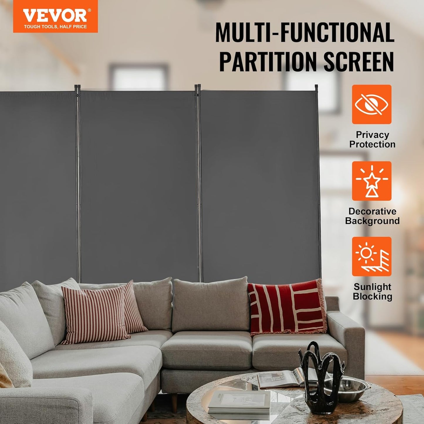 VEVOR Room Dividers, 3 Panel Room Divider, Folding Privacy Screen and Portable Partition Divider for Room Separation, Freestanding Room Partitions for Office, Bedroom, Study, Grey