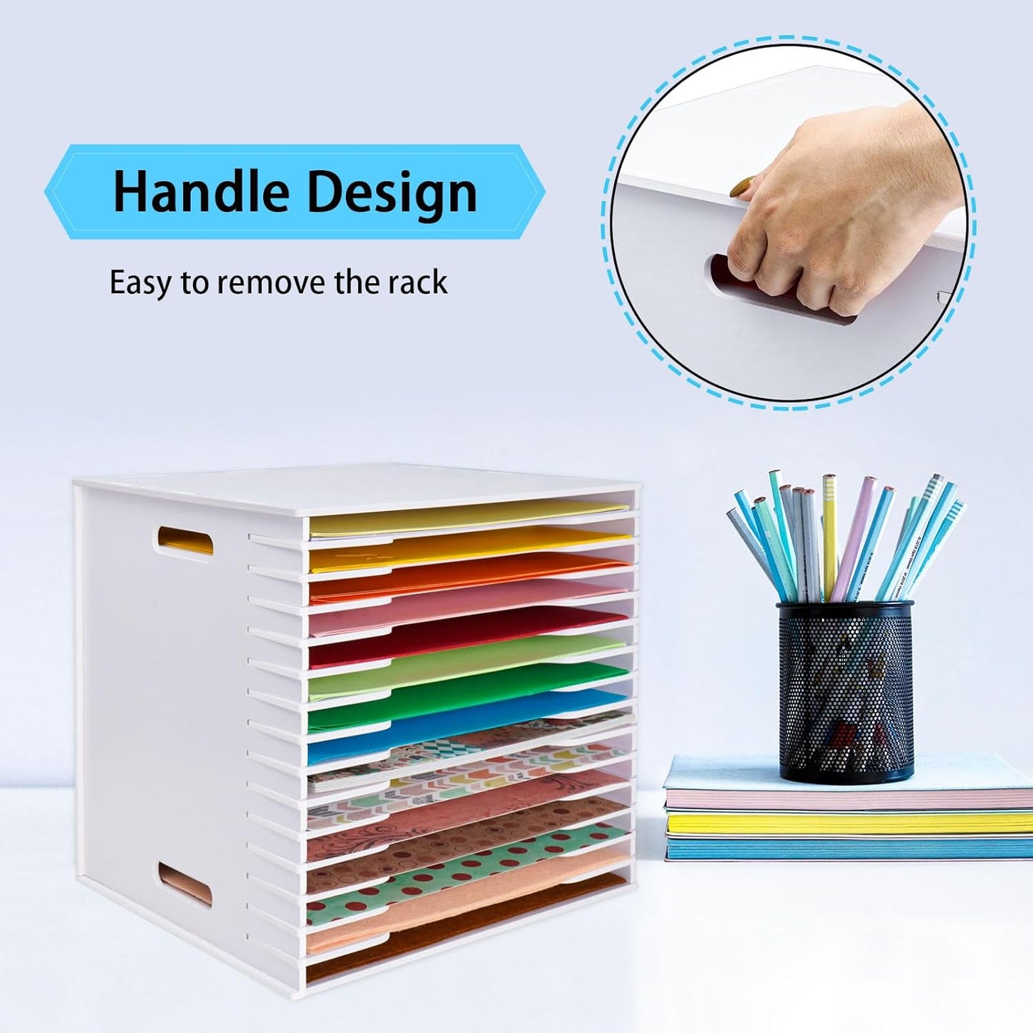 SANFURNEY Scrapbook Paper Organizer for Sizes 12" x 12", 15 Slots File Sorter Storage, Document Holder, Desktop Scrapbook Paper Organizer Rack for Home Office School (White, 15 Slots - Standard Size)