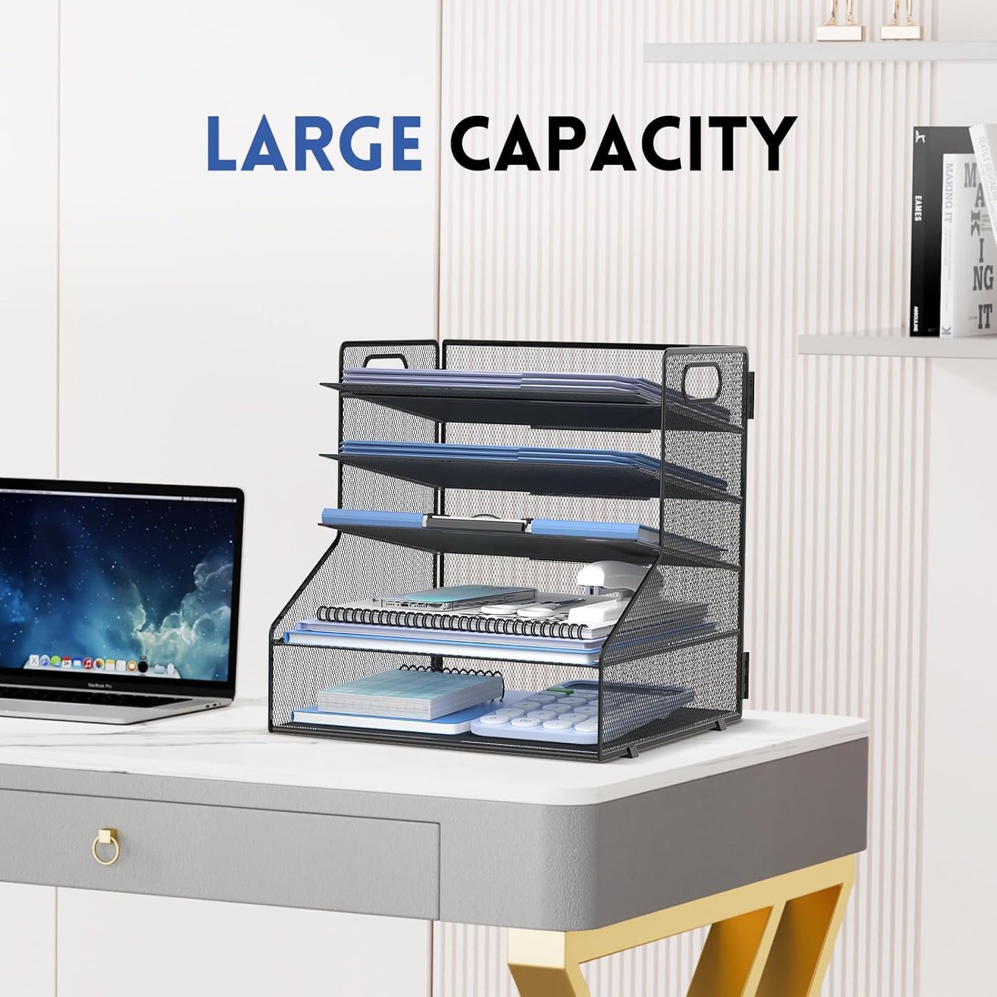 SUPEASY 5-Tier Desk File Organizer, Metal Letter Paper Tray, Desk Organizers and Accessories for Home Office Supplies, Black