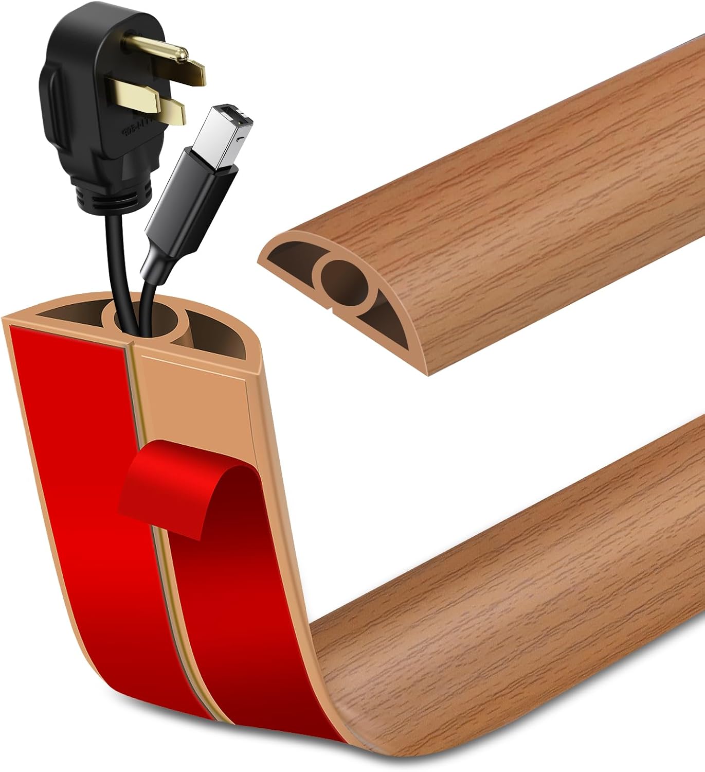 Floor Cord Cover Self Adhesive Cord Hider Floor Extension Cord Covers for Floor Power Cord Protector Cable Management Prevent Cable Trips Cable Cavity 0.32" W x 0.32" H (Light Brown Wood, 3.3Ft)