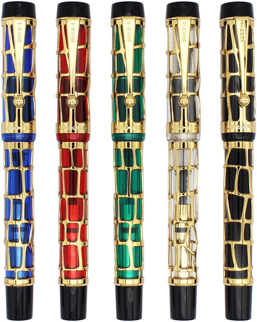 Gullor Century 100 Fountain Pen, Skeleton Hollow-out Series Golden, Screw-Cap, Fine Nib, Transparent Red