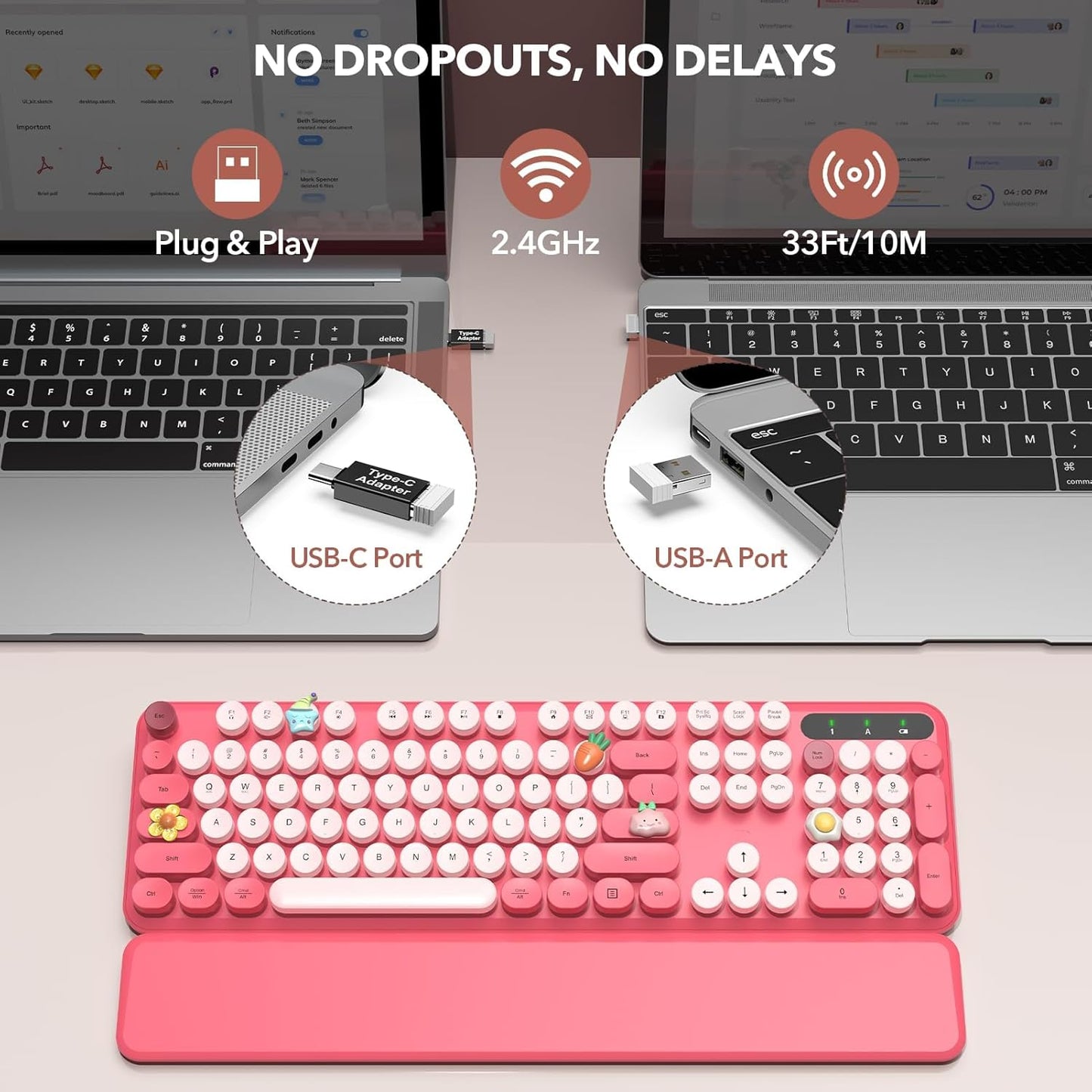 Wireless Keyboard, Round Keycaps, Retro Typewriter Keyboard with Detachable Wrist Rest, Sleep Mode, Foldable Legs, 2.4GHz Full-size Cordless Computer Keyboard for Windows/PC/Laptop (Colorful-Pink)