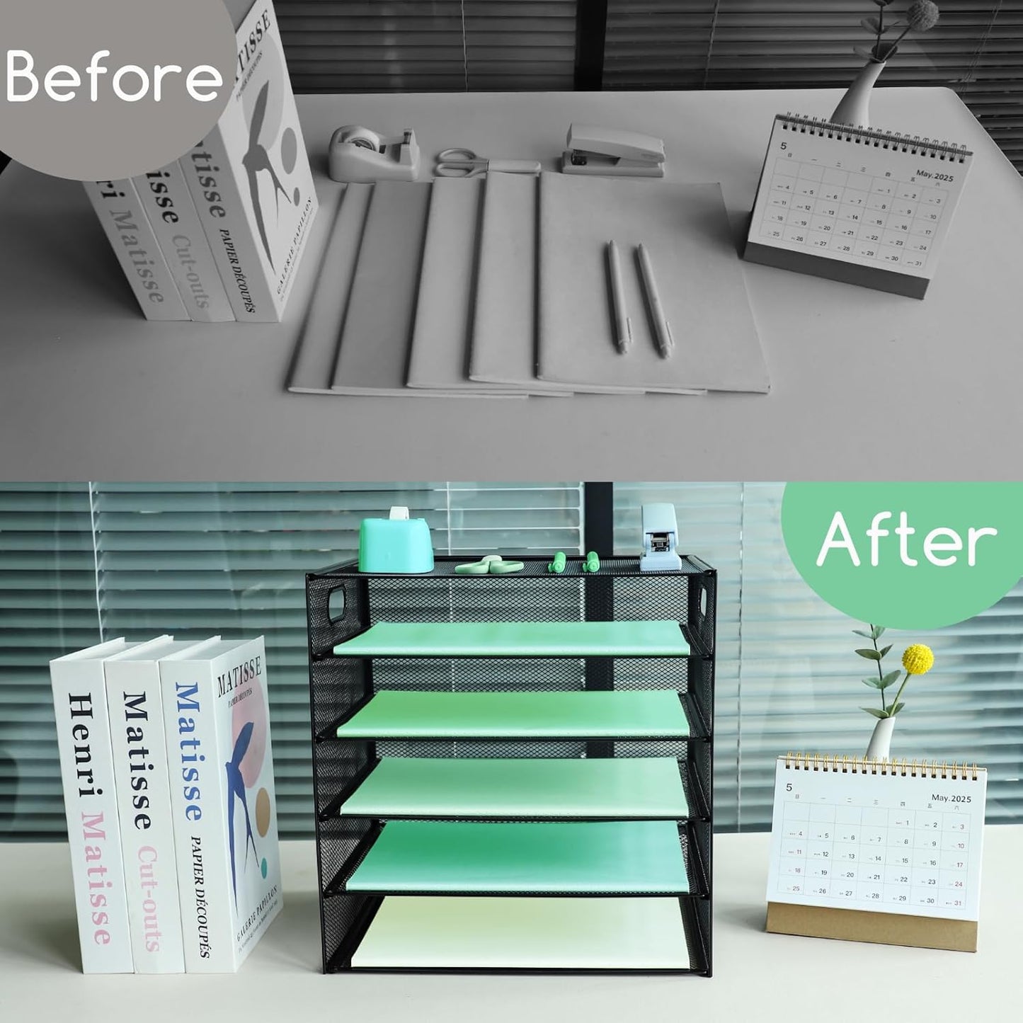 Paper Letter Tray with Handle, 5 Tier Metal Mesh Desk File Organizer, A4 Paper Desktop Filing Trays, Desk Tidy Magazine Document Holder for Home Office, Black