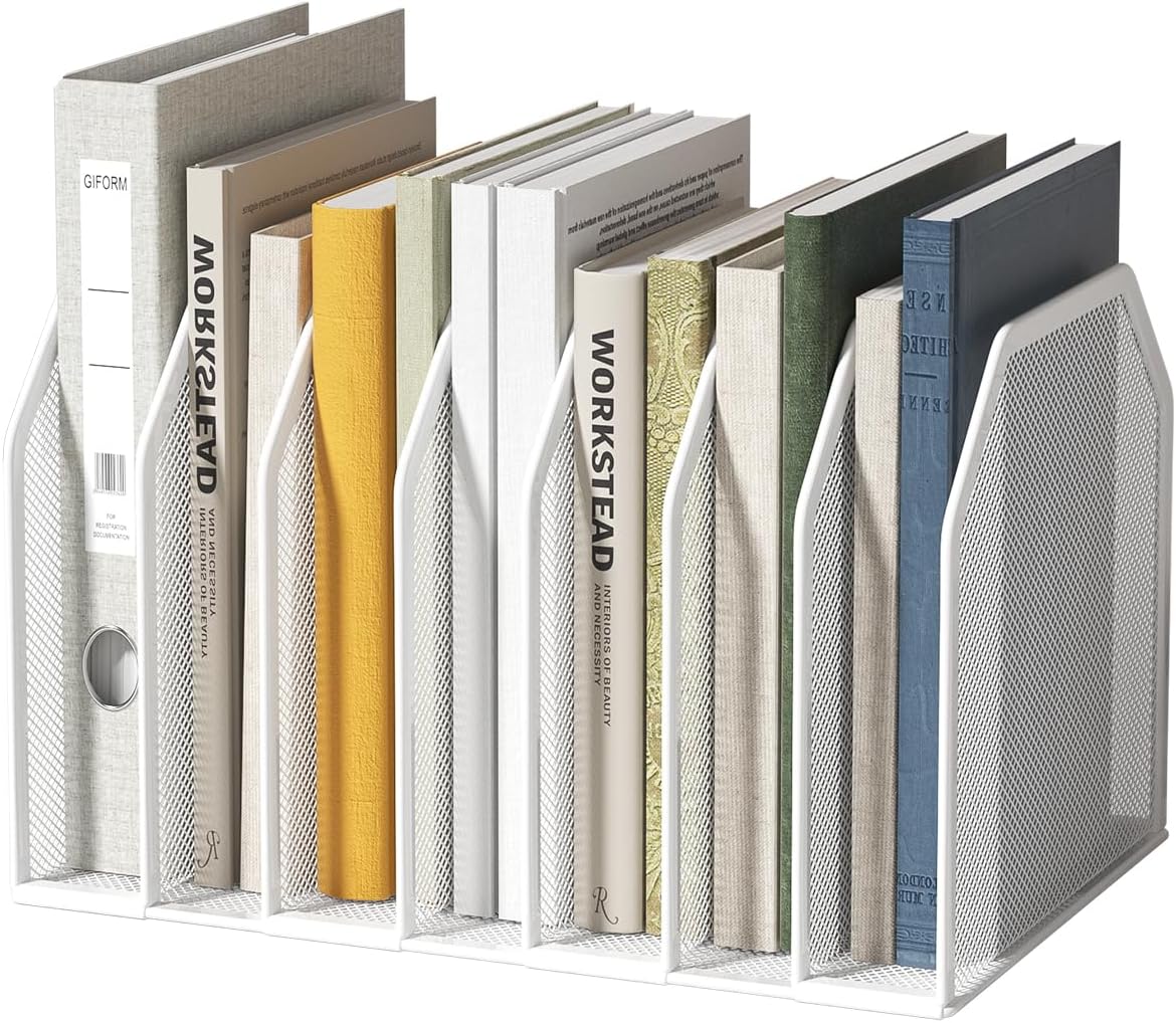 Vertical File Organizer for Desk - Metal Mesh File Holder with 7 Compartments, File Folder Rack & Document Storage Stand, File Sorter for Office/Home/School Use - 12.8" x 8.5" x 7.9"