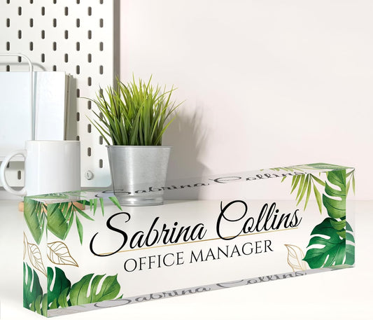 Custom Name Plate for Desk, Desk Name Plate Personalized, Office Decor for Women Men, Acrylic Desktop Accessories, Office Appreciation Gifts for Boss Social Workers Nurse Teacher Employee(Green Leaf)