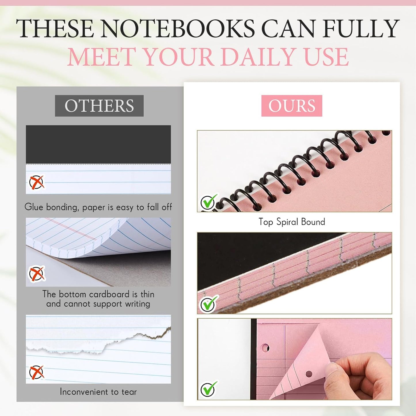 3 Packs 8.5" x 11" Top Spiral Notebook with 3 Hole Punched Legal Pads College Ruled Notepad 50 Sheets Hard Cardboard Paper Wirebound Notepad for Office School Business (Pink)