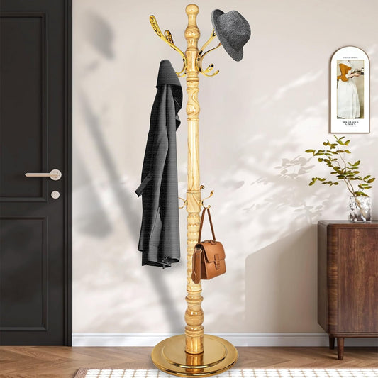 Vintage Free Standing Coat Rack with Disc Base, Solid Wood Coat Hanger Stand with 14 Metal Hooks and Adjustable Height, Standing Coat Rack Tree for Entryway, Bedroom, Hallway, Office, Apartment