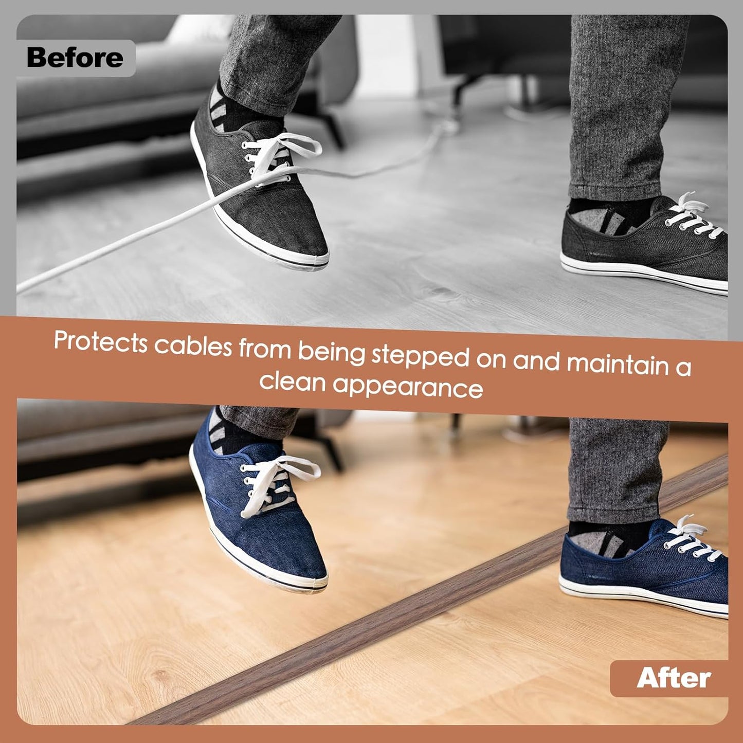 Floor Cord Cover for Wires on Floor Self Adhesive Cord Hider Floor Cable Management Wire Covers for Cords Protector Prevent Cable Trips Cord Cavity W 0.59" x H 0.31", Misty Brown Wood, 3.3Ft