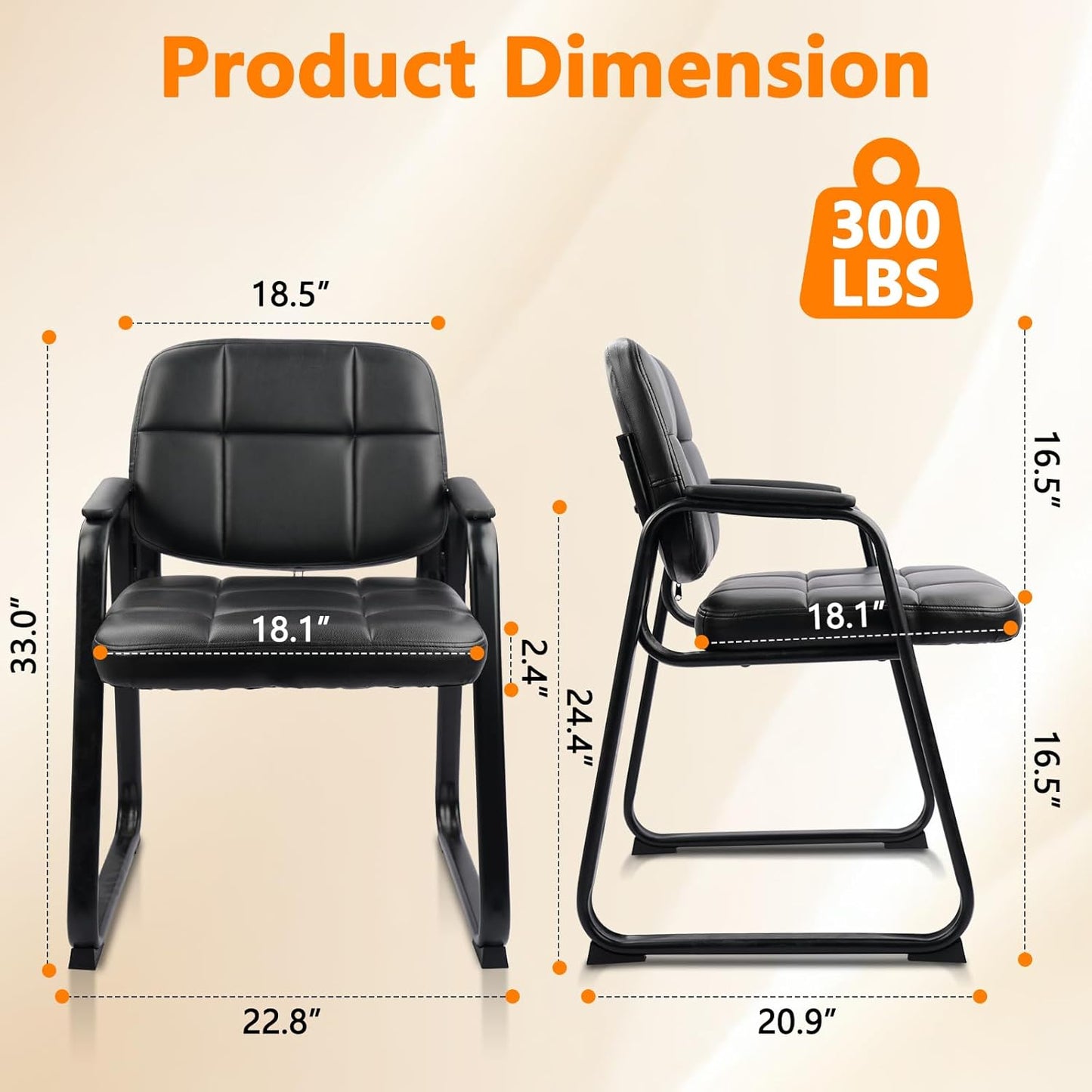 CLATINA Waiting Room Guest Chair with Bonded Leather Padded Arm Rest for Office Reception and Conference Desk Black with Sled Base 2 Pack