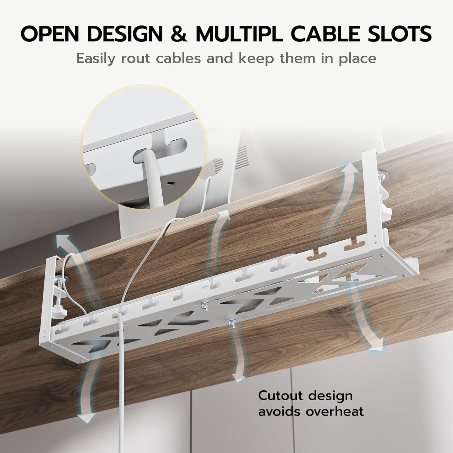 ARES WING 17"-28.7" Extendable Under Desk Cable Management Tray with Cable Slots, Clamp On Cord Organizer Holds Up to 11 lbs, White Metal Under Desk Storage for Office and Gaming Accessories