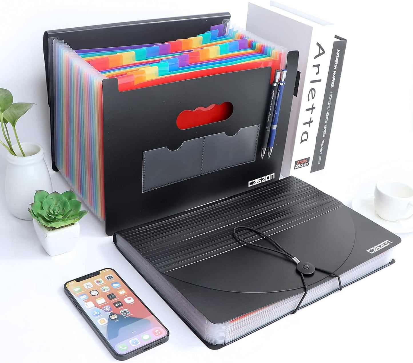 2 Pack Accordian File Organizer, Expanding File Folder 24 Pockets with Expandable Cover A4 Letter Size File Box, Portable Document Organizer - Black