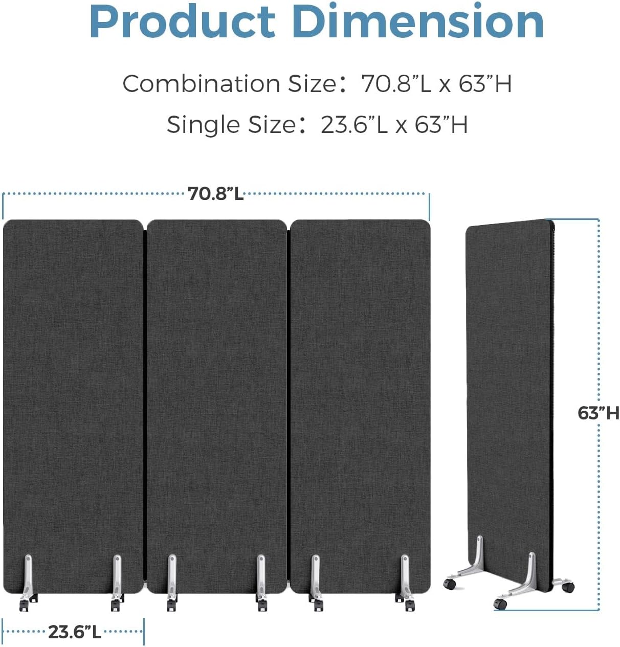 70.8" W x 63" H Freestanding Partition Room Dividers, Acoustic Panels with Wheels, 3 Soundproof Privacy Panels for Office, Reception Room, School, Hospital, Dark Grey