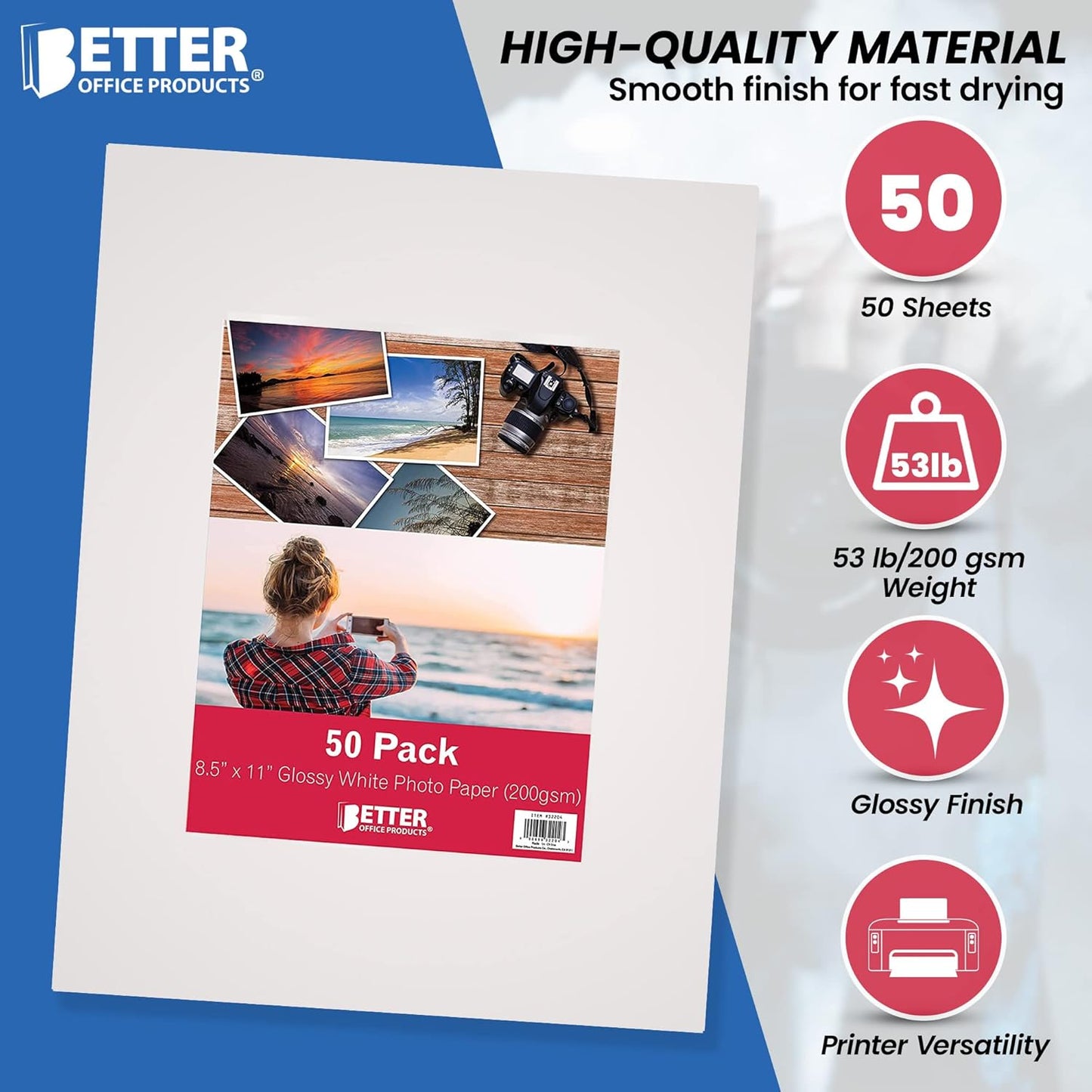 Better Office Products Glossy Photo Paper, 8.5 x 11 Inch, 50 Sheets, 200 gsm, Letter Size, 50-Count Pack