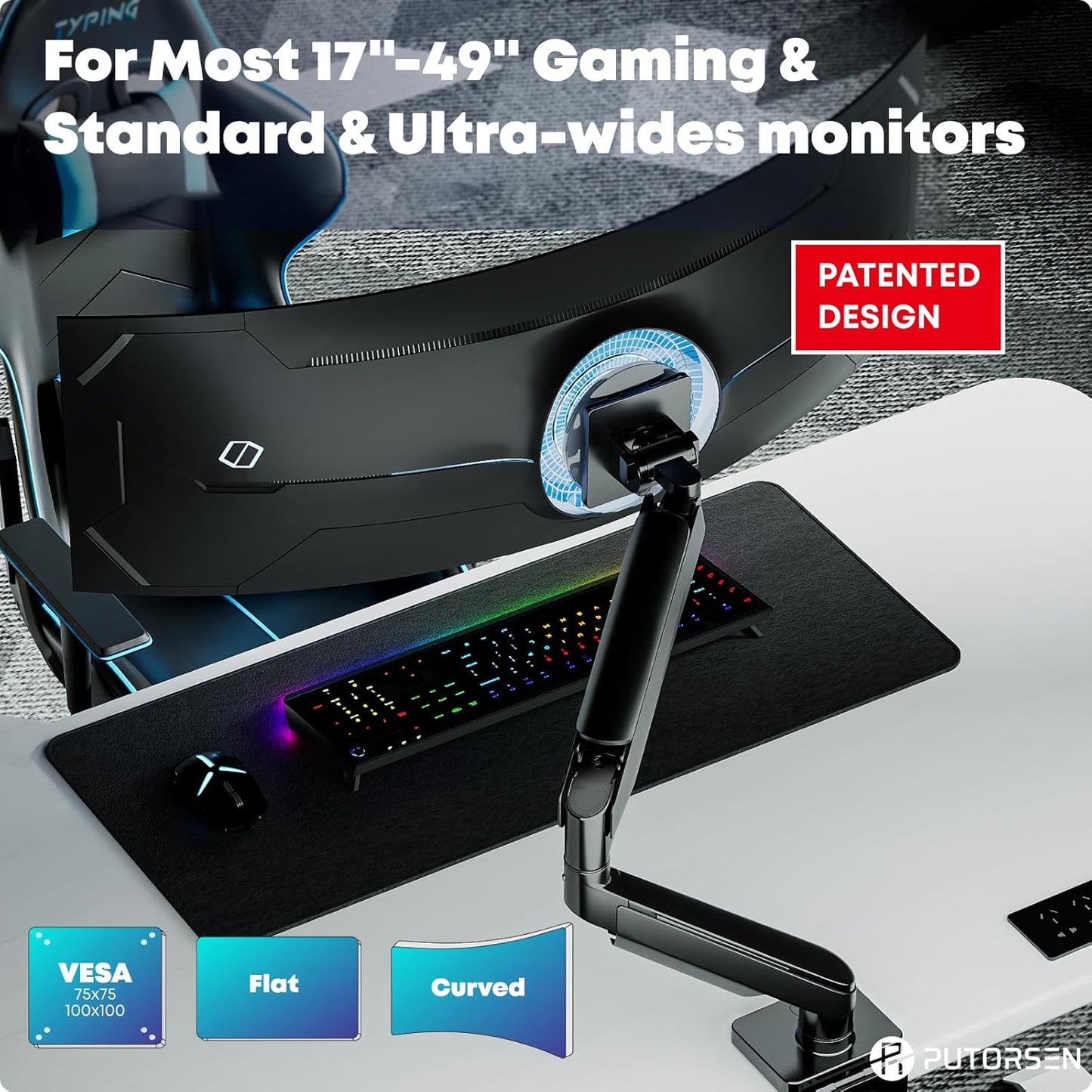 Heavy Duty Monitor-Arm for 17"-49" Ultrawide - Aluminum Full Motion Single Monitor Arm Desk Mount for Office & Gaming, Adjustable Gas Spring, Ergonomic, VESA 75/100 mm, Max Load 44lbs, Black