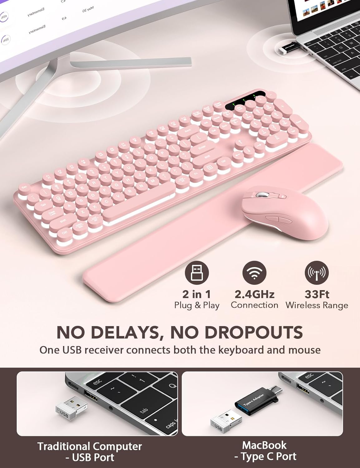 Wireless Keyboard and Mouse Backlit - Typewriter Keyboard with Retro Round Keycaps, Detachable Wrist Rest, Light Up Letters, 2.4G Rechargeable Combo for Mac, Windows, PC, Laptop, Trueque (Pink)