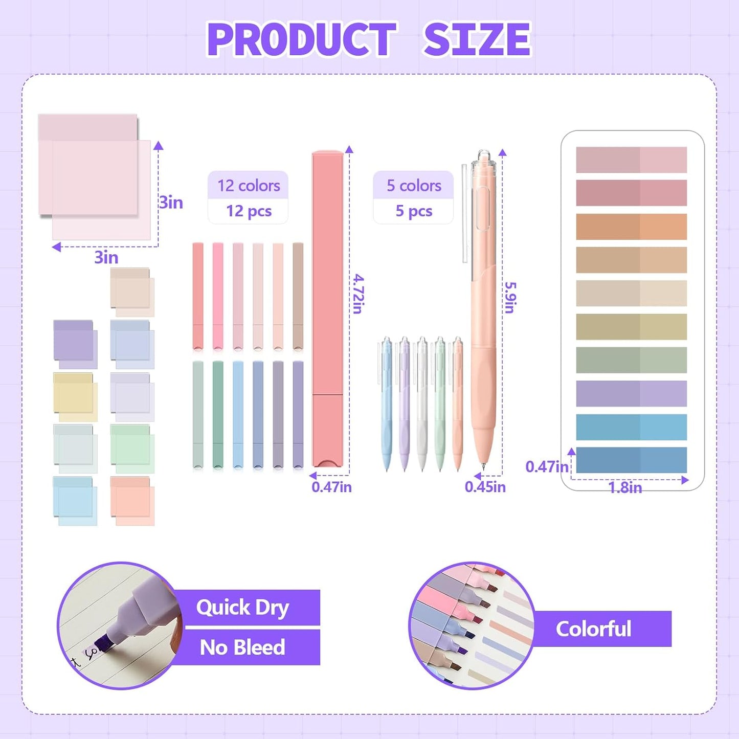 Jutom 39 Pcs Aesthetic Book Annotation Kit Highlighter with Pencil Case Bag Gel Pen Transparent Sticky Note Taking Bible Study College School Supplies(Dark Purple,Classic Style)