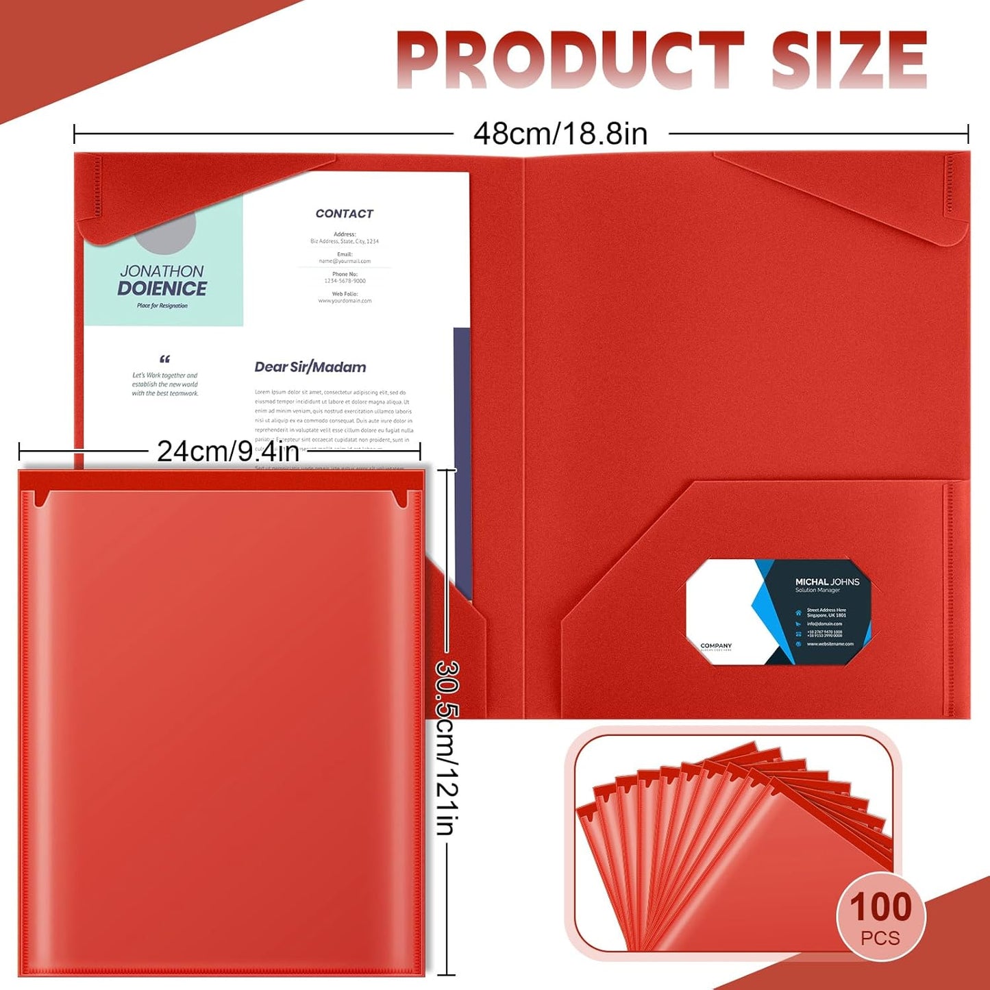 Henoyso 100 Pcs Plastic Folders with Clear Front Pockets Bulk Heavy Duty File Folders with 2 Pockets and Card Slot for Student Teacher Back to School Supplies Office Presentation (Red)