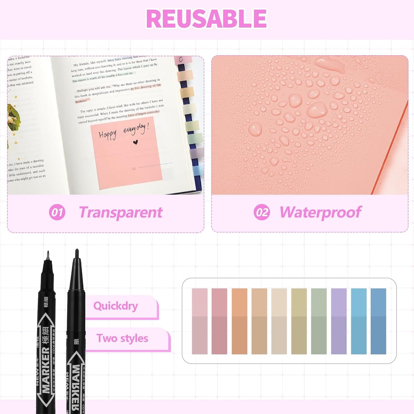 Jutom 39 Pcs Aesthetic Book Annotation Kit Highlighter with Pencil Case Bag Gel Pen Transparent Sticky Note Taking Bible Study College School Supplies(Light Purple,Classic Style)
