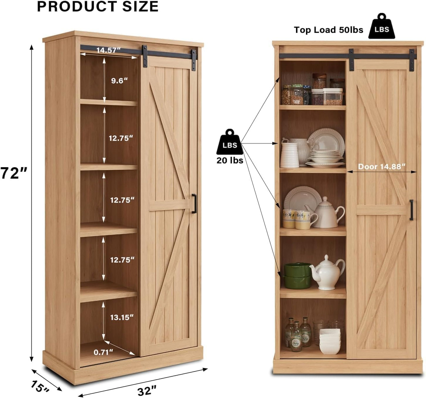 72” Tall Farmhouse Bookshelf, 32” Wide Large Wooden Bookcase w/Sliding Barn Door, 5-Tier Storage Cabinet with Adjustable Shelves, Modern Versatile Cabinet for Living Room, Offices, Natural Oak