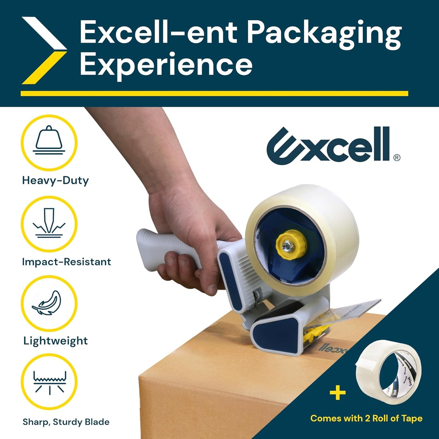 Excell EC-206 Safeguard Packing Tape Dispenser (2" Wide): Retractable Blade Cover for Safety, Push Flap for Smooth Cutting, and one-Hand use. Ideal for Shipping and Carton Sealing.(2Pack)