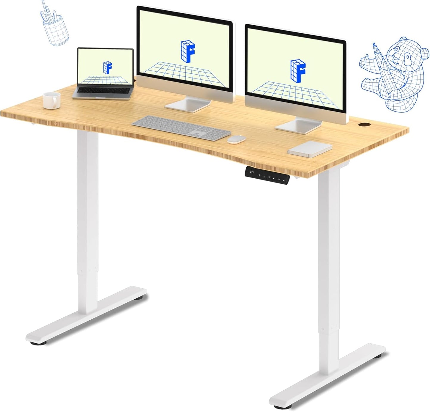 FLEXISPOT E3 Bamboo Dual Motor 60x30 Inch Electric Height Adjustable Standing Desk Whole-Piece Board Sit Stand Up Desk (White Frame + Bamboo Curved Desktop)