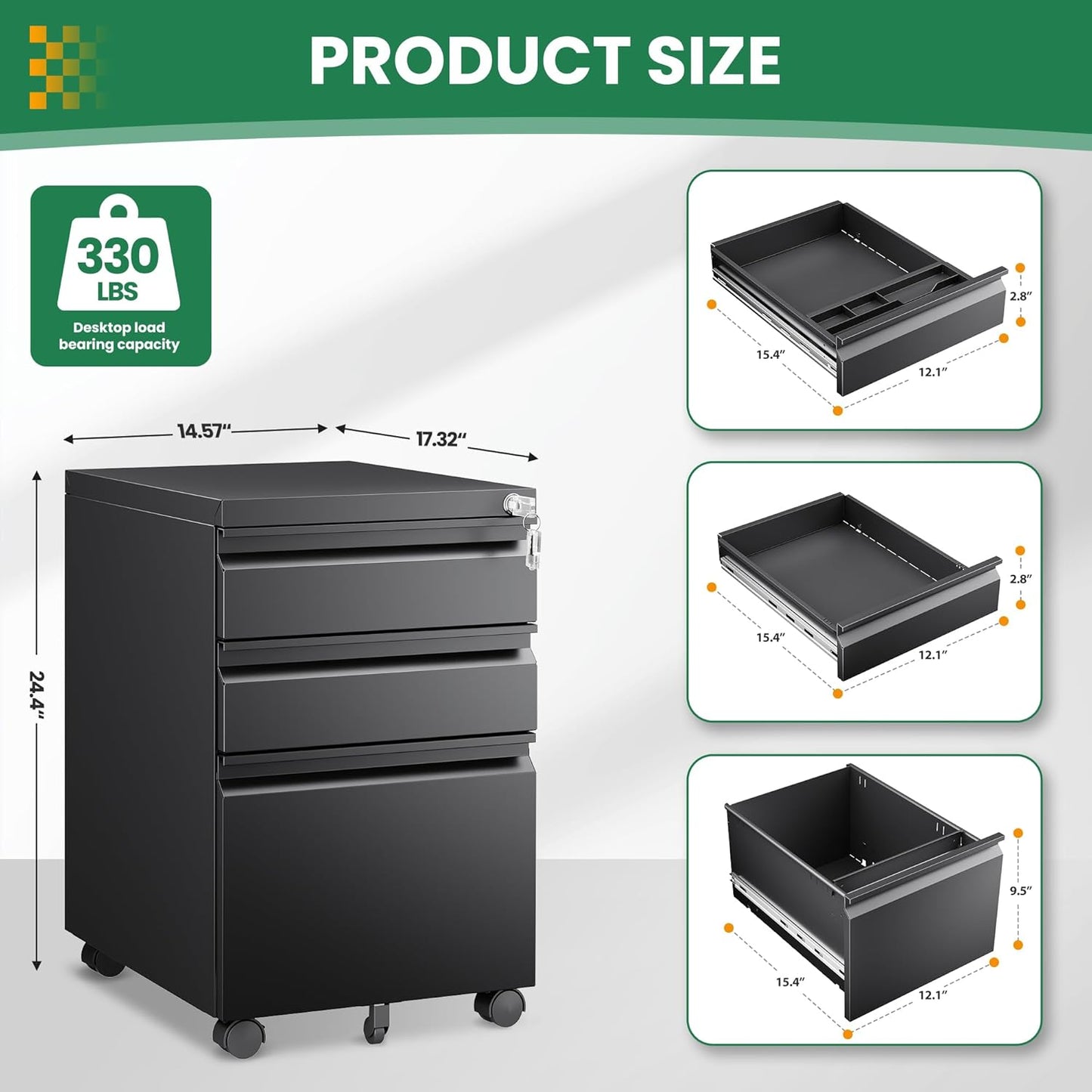 Mobile File Cabinet with Lock, 3 Drawer File Cabinet for Home Office, Rolling File Cabinet, Under Desk Locking Filing Cabinet on Wheels for Legal/Letter/A4 File, Fully Assembled, Black