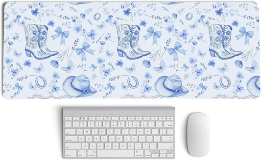 Western Desk Mat,Blue and White Floral Mouse Pad, Blue Chinoiserie Large Mouse Pad, Coquette Girly Cowgirls Desk Mat for Dorm Western Office Decor, 31.5x11.8 Inch